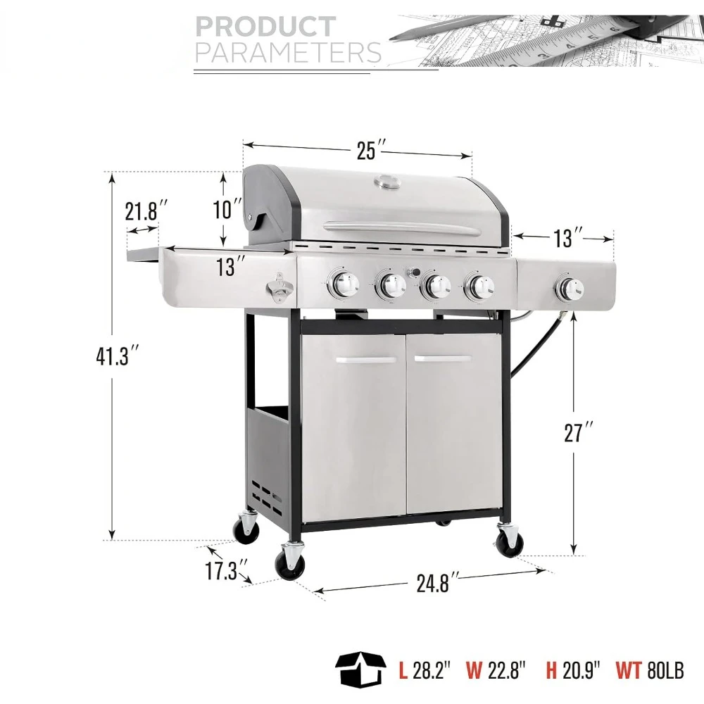 Gas barbecue, stainless steel propane grill for outdoor cooking, cabinet-style garden grill