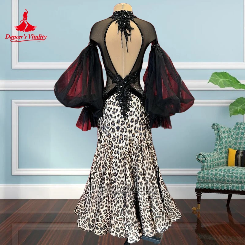 Ballroomdans Lantaarnmouwen Wikkelheupen Luipaardprint Jurk Danser Vitaliteit Wals Tango AB Steen Voer kleden Luxe op maat
