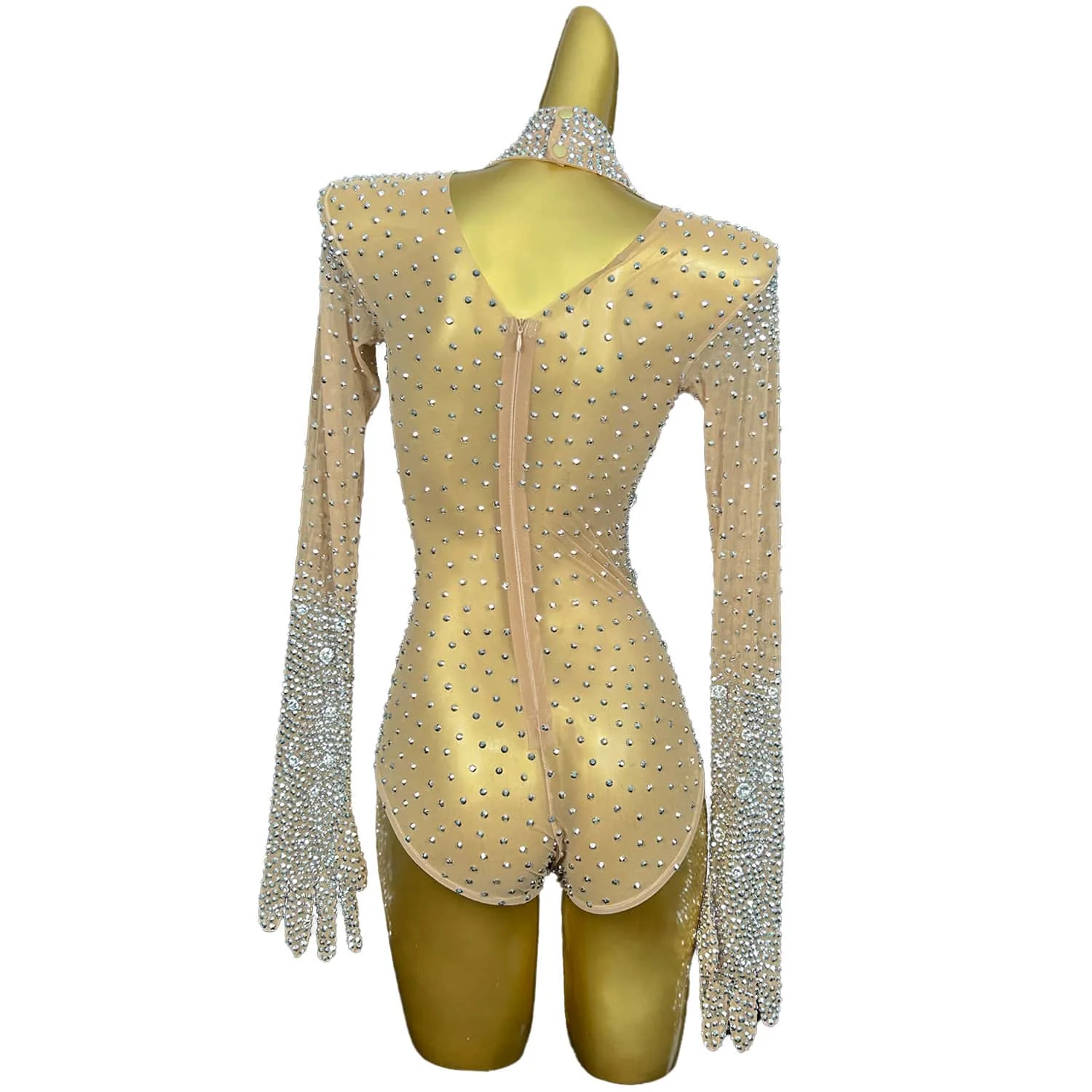 Shizuan-monos sexys con diamantes de imitación de cristal brillante para mujer, trajes de Carnaval Drag Queen, Ropa de baile en barra, mangas largas Nude