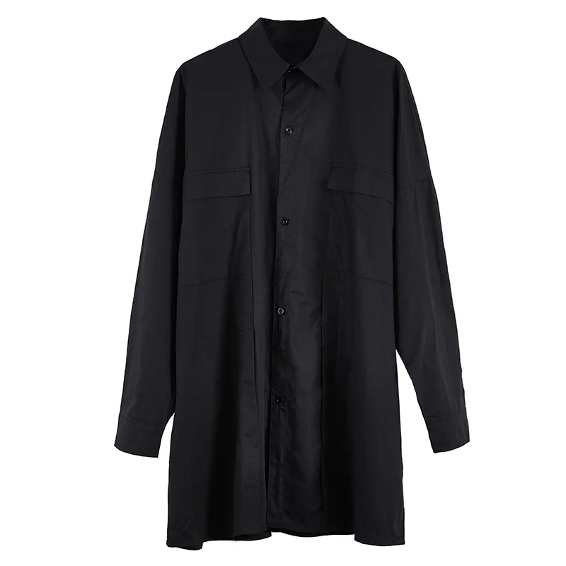 Cardigan japonais foncé pour homme, chemise fendue décontractée, manches longues, une épaule, manteau long adt, mode, chemise mi-longue