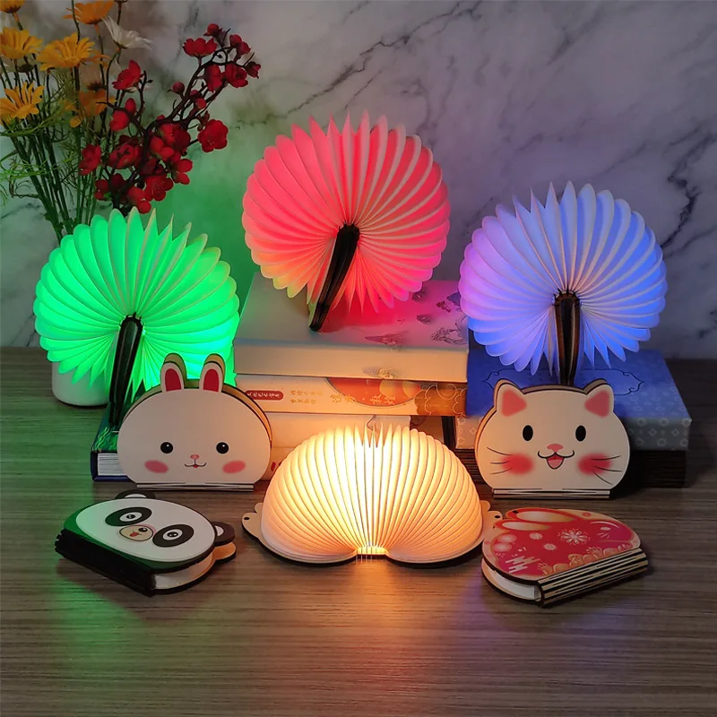 ไฟหนังสือไม้การ์ตูน DIY ตกแต่งไฟสำหรับบ้านไฟ LED เปลี่ยนสีได้รูปสัตว์น่ารักโคมไฟหนังสือพับได้ของขวัญวันวันเกิดสำหรับเด็ก