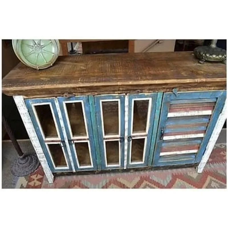 Contemporary 55 Sideboard Solid Pine Wood Multi Color Distressed Finish Glass Doors Shutter Style Cabinetry Versatile Storage