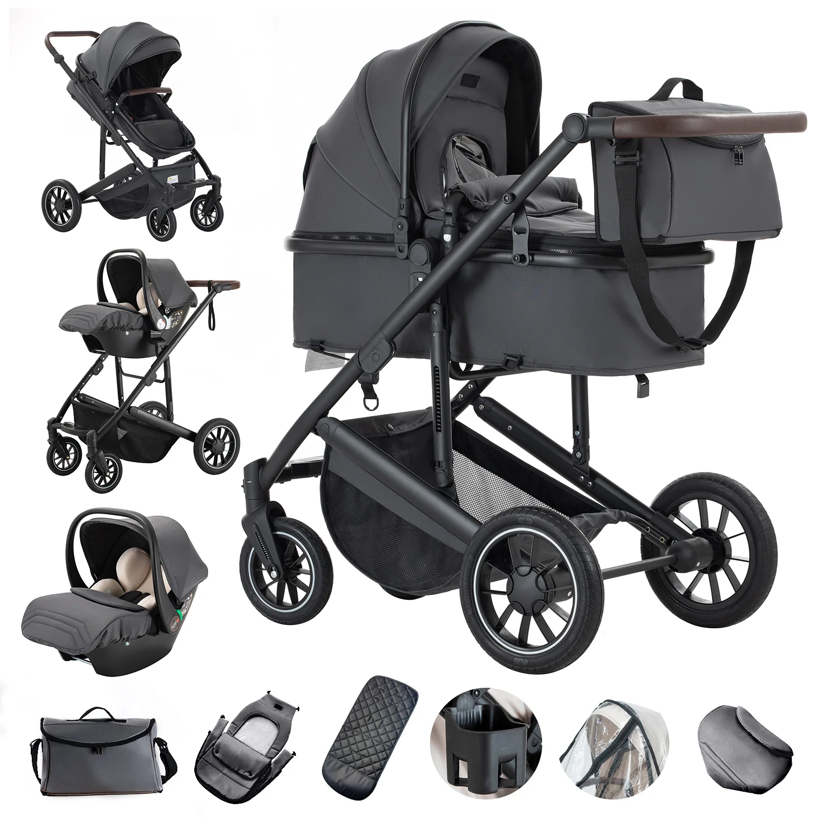 3-in-1 kinderwagen hoog landschap opvouwbare kinderwagen verstelbare stoel voor pasgeboren tot peuter reissysteem wieg autostoeltje - afbeelding 1