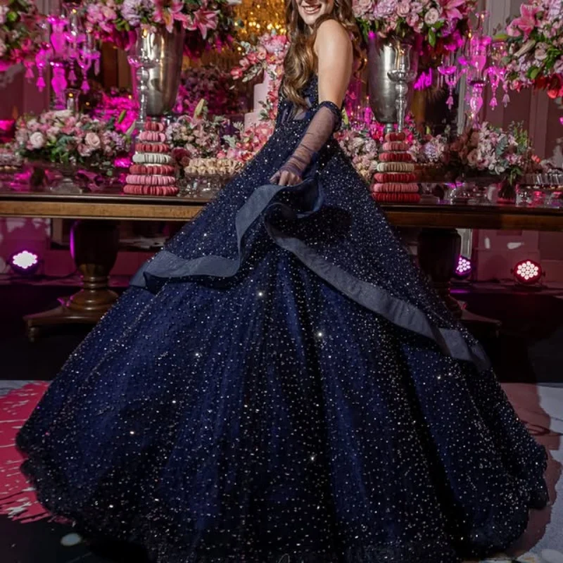 

Customized Shiny dark blue Quinceanera Dresses Off the Shoulder crystal sequin Long tail layering Vestido 15 Quinceanera