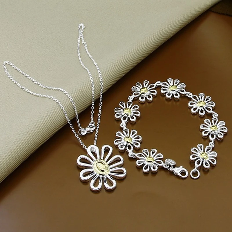 925 Sterling Silver Wired Fresh Daisy Flower Necklaces Bracelet Bangle Earrings Fashion Jewelry Set