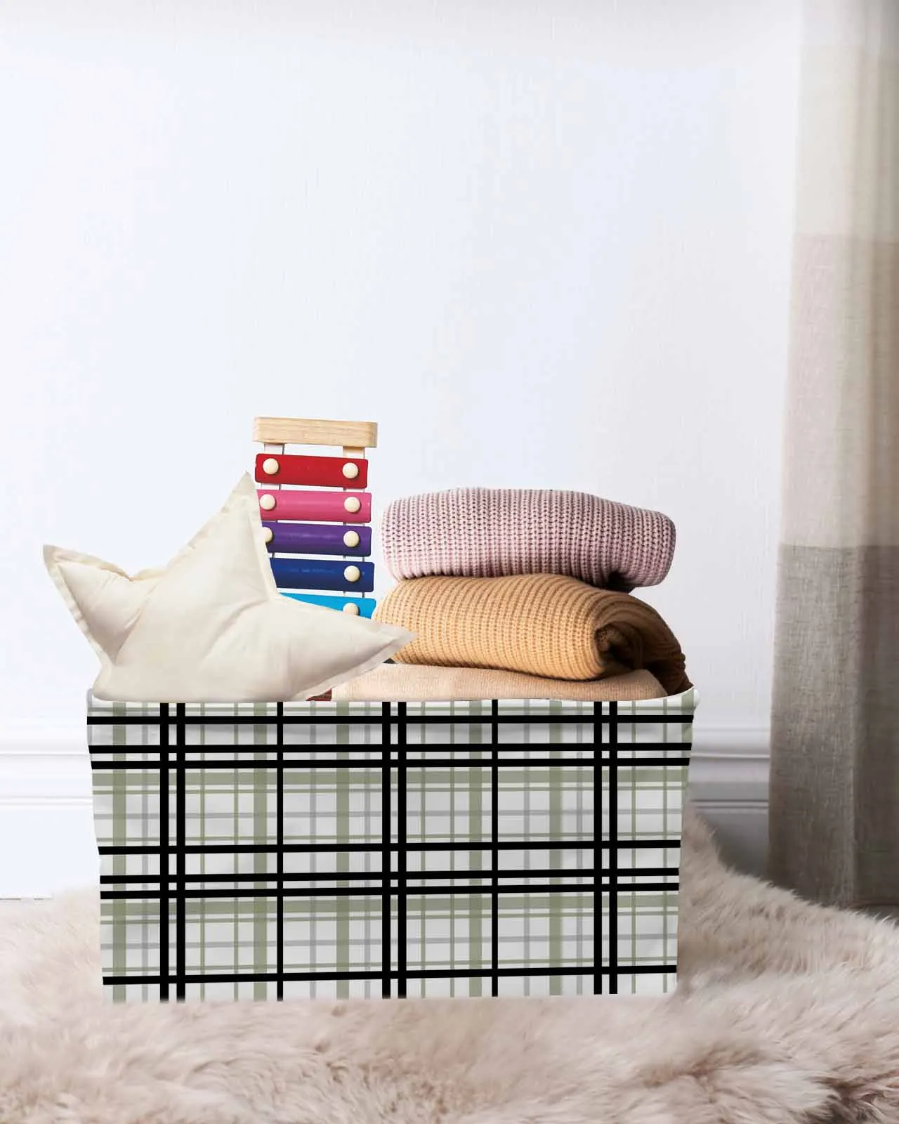 

Striped Grid TextureBasket Clothes Folding Storage Box For Nursery Underwear Toy Organizer Laundry Basket With Handle