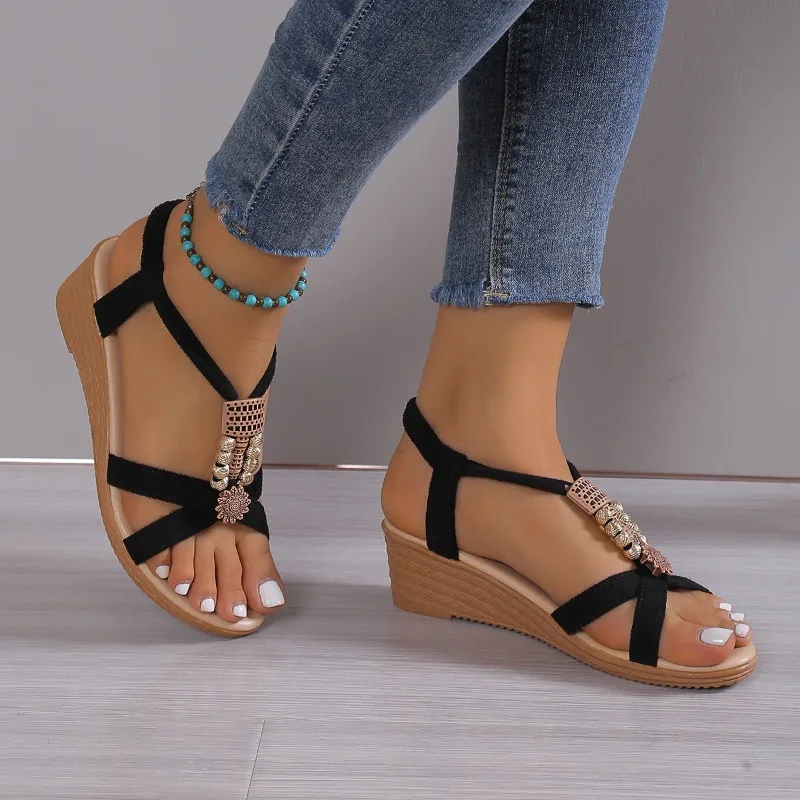 Casual Wedge Sandals Summer New Women' T-strap Sandals Fashion String Bead Metal Decorate Shoes Europe Ethnic Elastic Lady Shoes