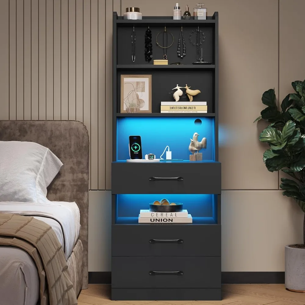 

Tall Nightstand with Charging Station and LED Lights, Large Black Night Stand with Bookshelf, Modern LED Bedside Table
