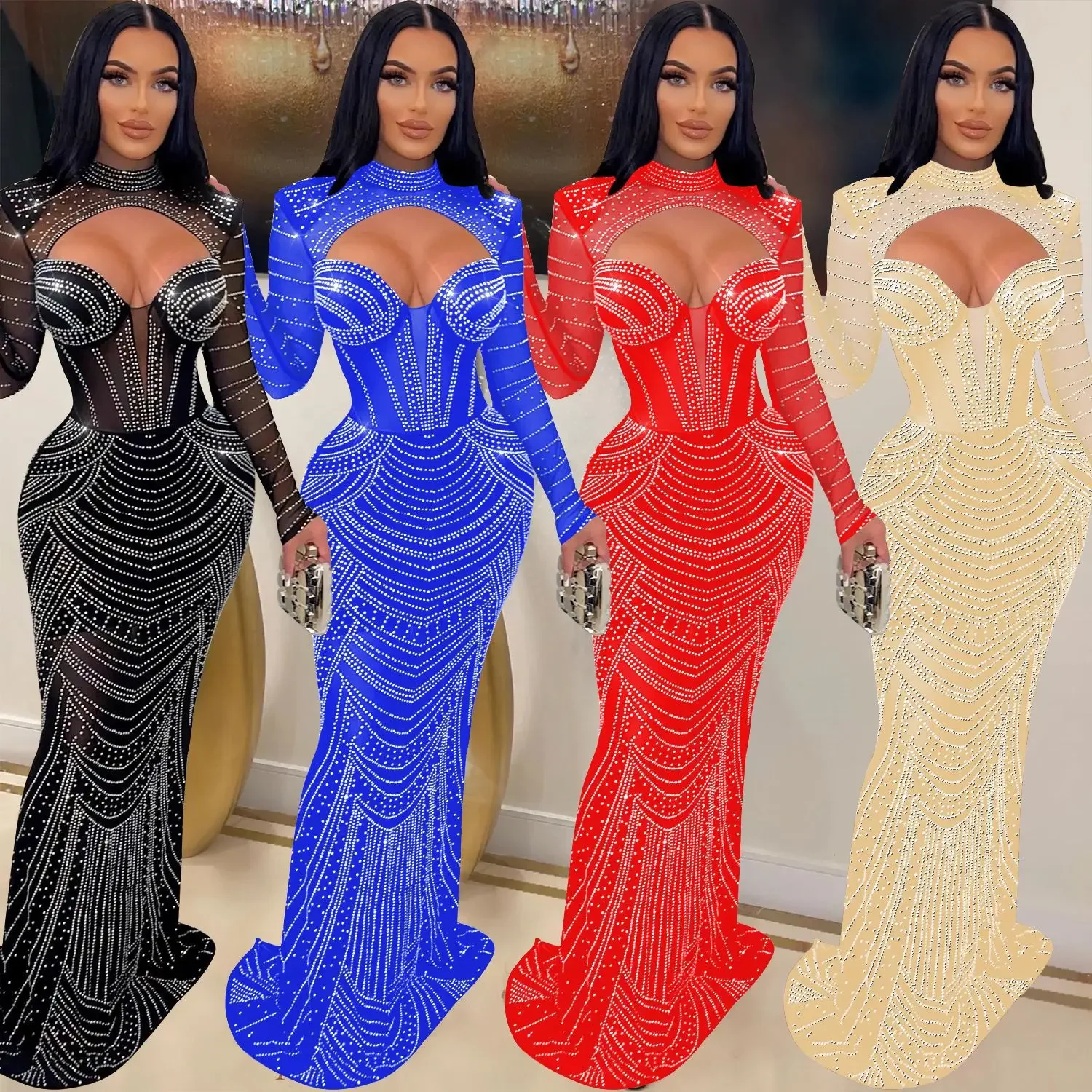 Elegant Diamond Rhinestone Sheer Msh Evening Prom Floor Length Dress Women Outfits Vestidos Sexy See Through Party Club Dresses