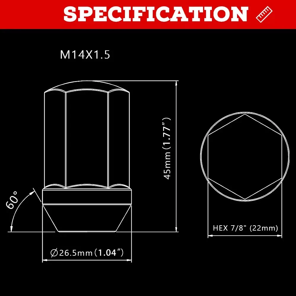 M14x1.5 Lug Nuts 24pcs, 14x1.5 OEM Factory Style Wheel Lug Nut, 1.77Inch 45mm Length, 7/8