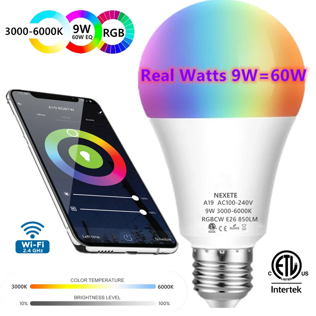 Bombilla LED inteligente Wifi 9W(60W) A19 850LM RGBW regulable para Alexa/Google/Siri