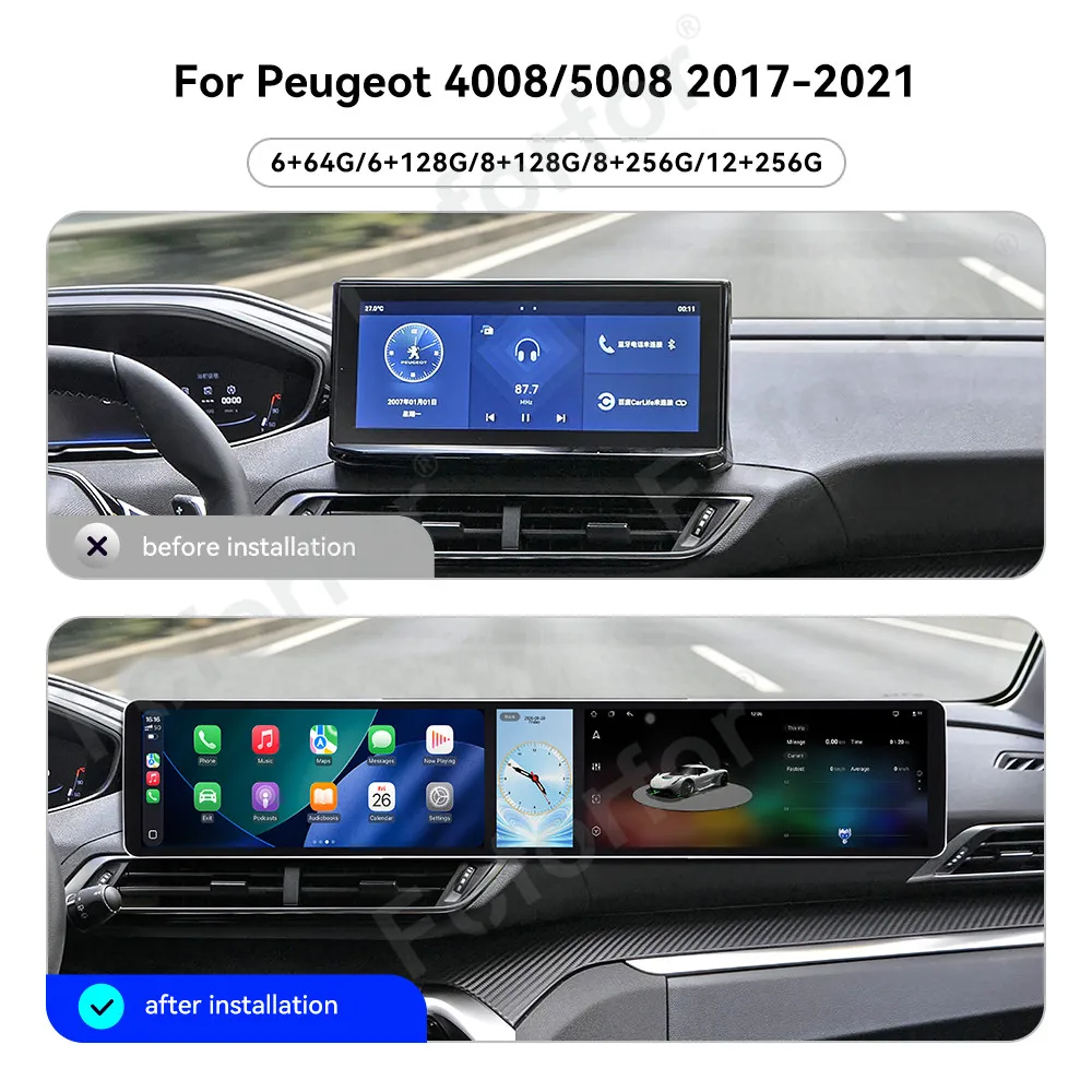 Car Accessories Android 15 CarPlay Car Radio For Peugeot 4008/5008 2017-2021 Dual 12.3 Inch Screen Car GPS Multimedia Player