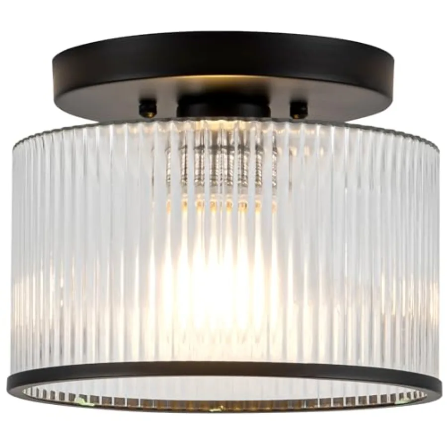 Glass Ceiling Light, Clear Ribbed Glass Ceiling Light Fixture with Black Metal Frame, Modern Semi Flush Mount Ceiling Light for