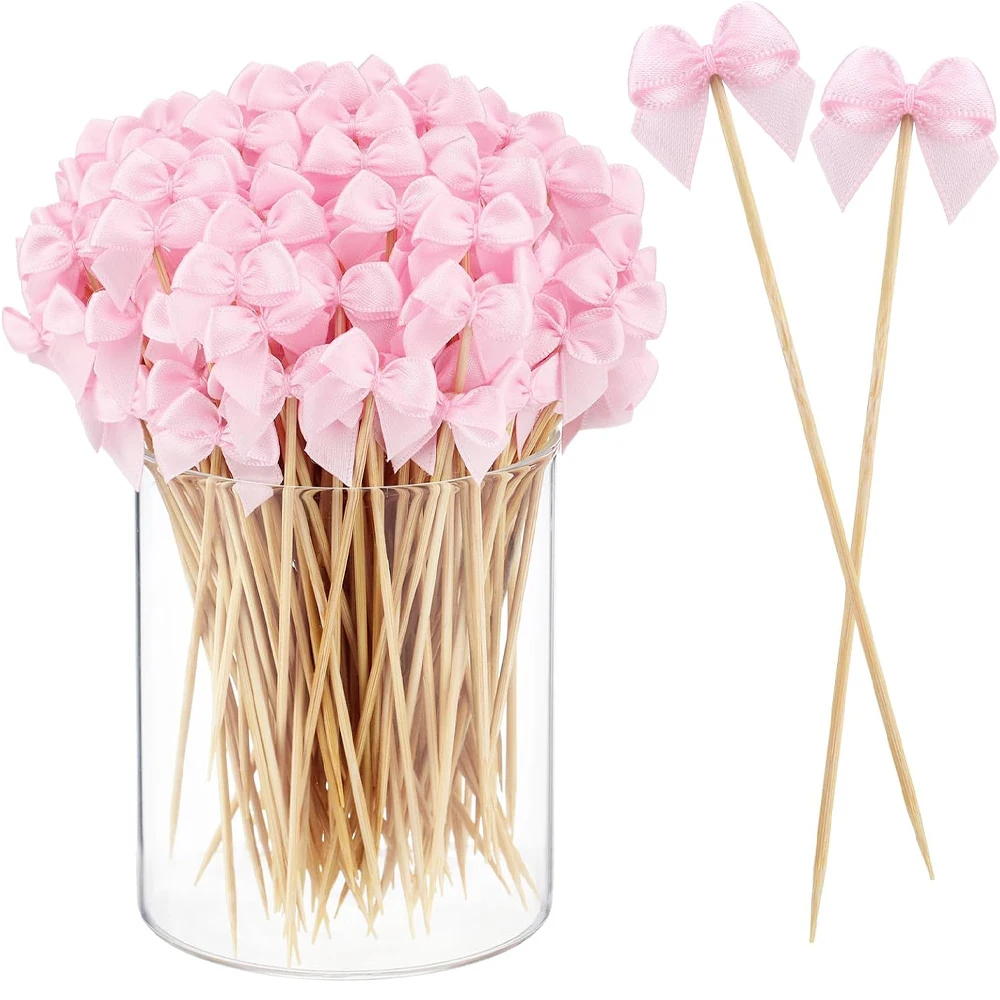 50pcs Pink Bow Cake Picks Satin Ribbon Cupcake Toppers Wooden Food Picks Party Dessert Fruit Cocktail Picks Wedding Birthday