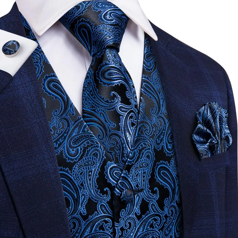 Hi-Tie Navy Paisley 100% Silk Dress Vest Set For Men Dark Blue Jacquard Men\'s Suit Vest Male Waistcoat For Wedding Formal Jacket