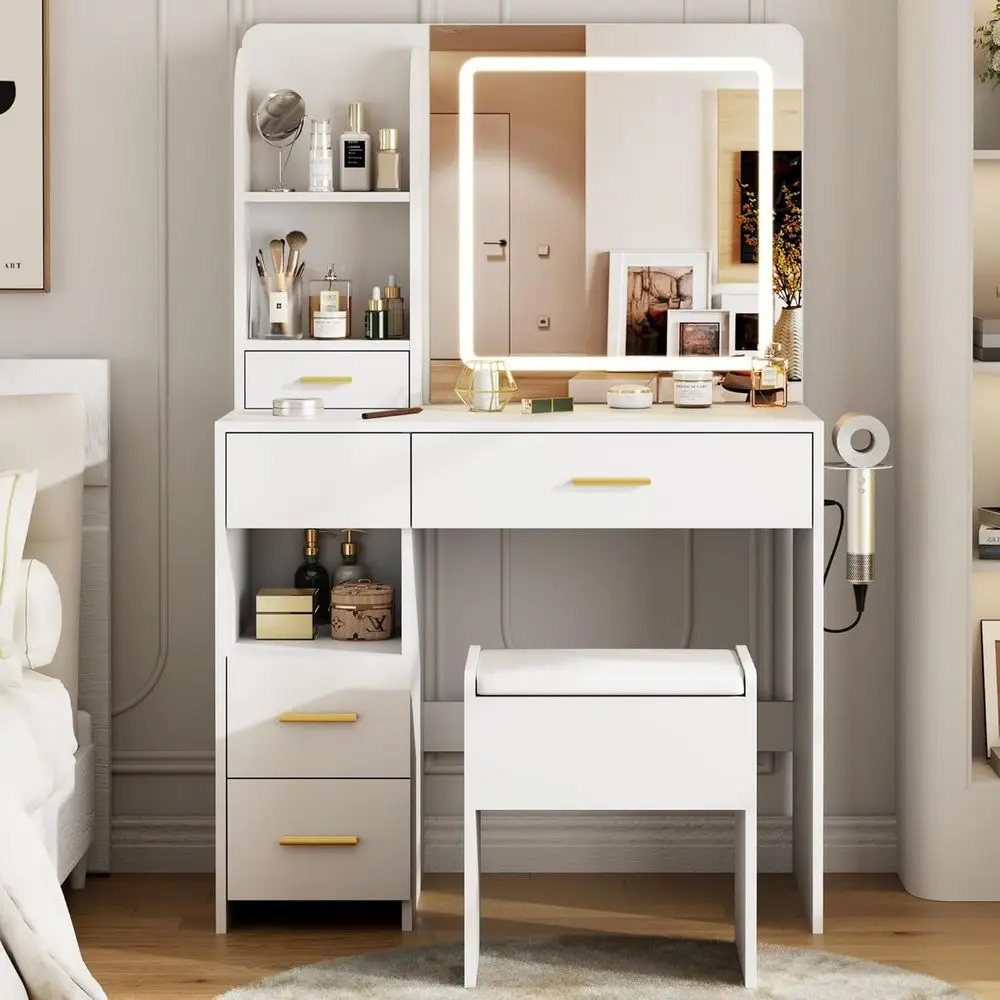 

Makeup Vanity Desk with Mirror, Lights, Drawers, and Storage Shelves in White