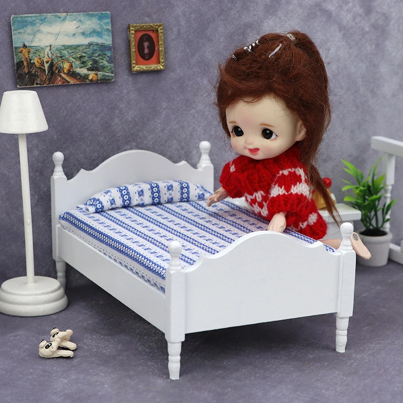 1:12 Puppenhaus Bett Miniatur Einzel-/Doppelbett Mini Möbel Schlafzimmer Puppenhaus Bett Simulation Puppenhaus Zubehör
