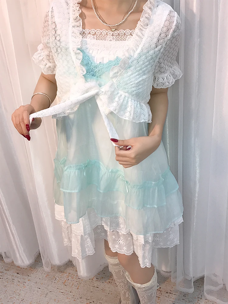 Retro Japanese Sle Lace Set Cute Summer Fre Small Size Women's Clothing Two-Piece Suit Polyester Fiber Casual Dres