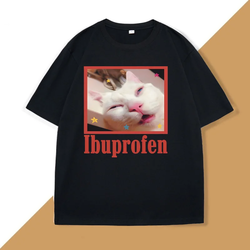 Funny Ibuprofen Cat T-shirt for Men Women Graphic T Shirts Cute Cat Lover Cotton T Shirt Round Neck T Shirts Short Sleeve Tees