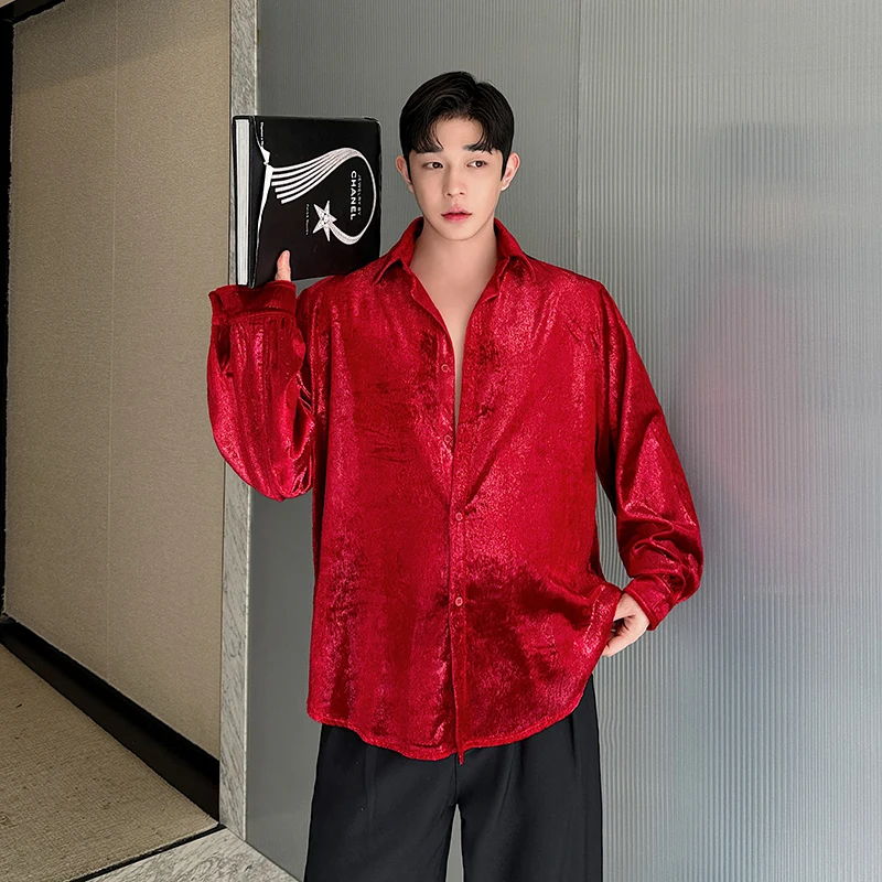 

Red Men's Shirt Spring Autumn Draping Sensation Performance Stage Costume Loose Fit Long Sleeve Flip Collar Polyester Fiber