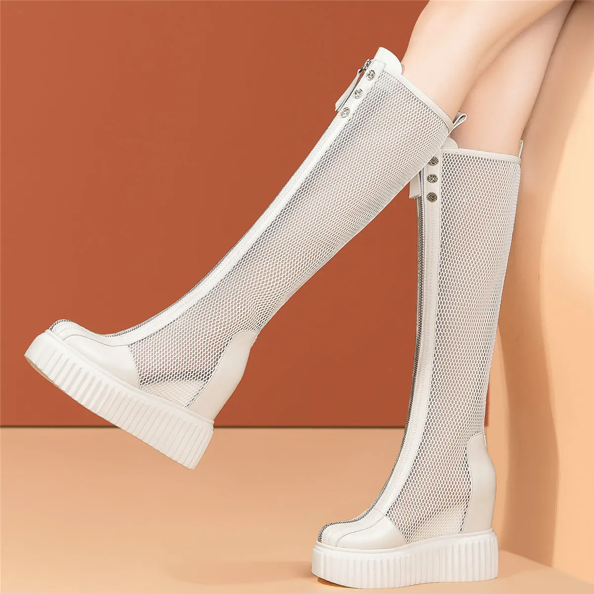 

Summer Knee High Sandals Boots Women's Genuine Leather Round Toe Platform Wedge High Heels Punk Goth Party Pumps