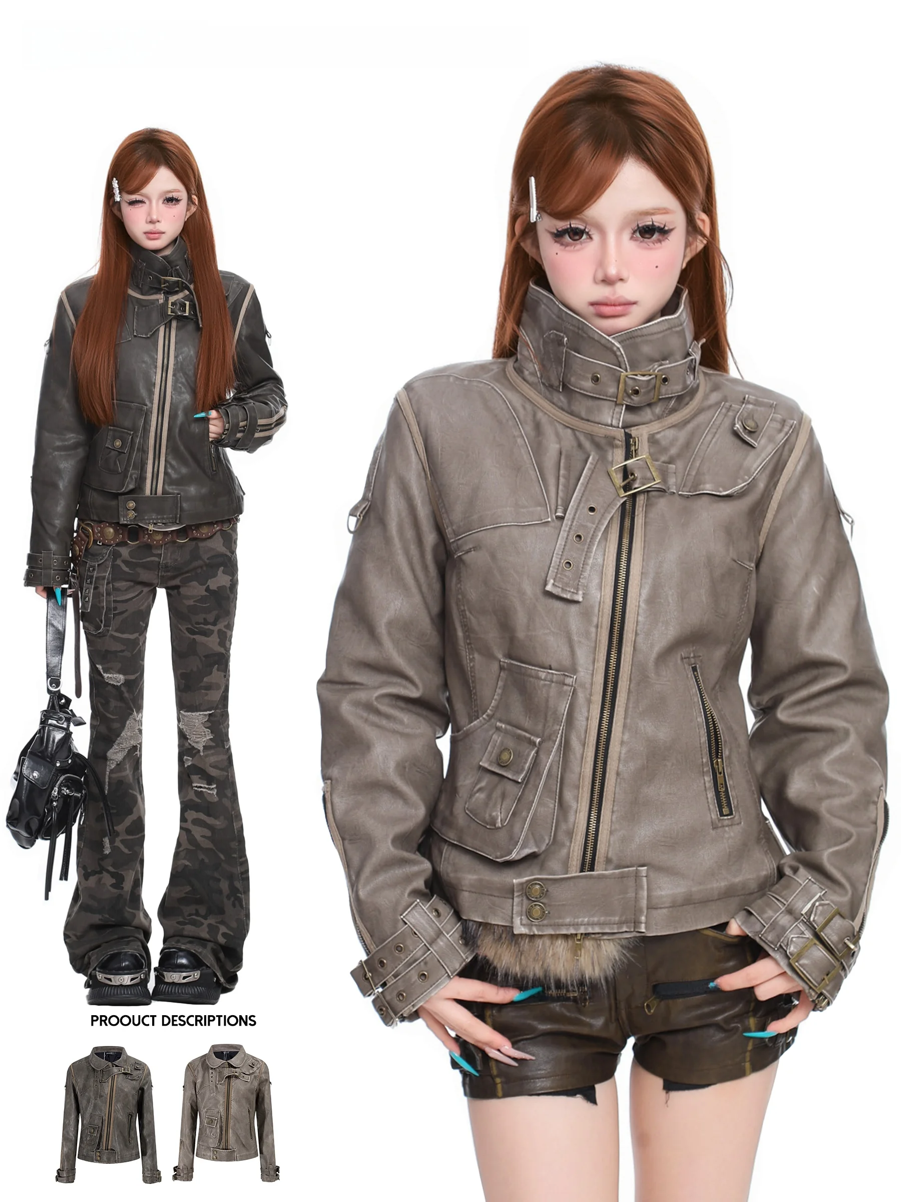 

Панк-куртка из искусственной кожи для женщин, с эффектом сильной потертости, в байкерском стиле, осенне-зимняя, модная уличная одежда, с утепленной хлопковой подкладкой