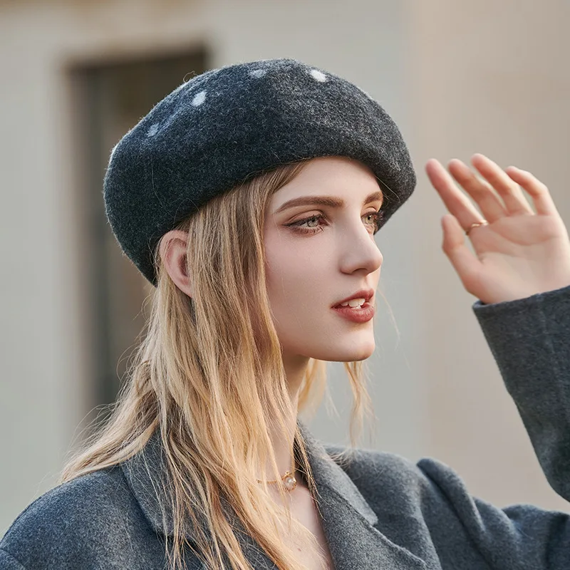 Elegant Women Girls Berets Cap French Artist Warm Woolen Winter Beanie Hat Black Vintage Beret Cashmere Hat Polka Dots Wool Cap