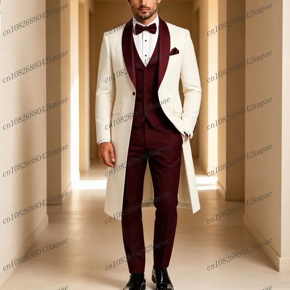 White And Burgundy Long Blazer Formal Men Suit Wedding Party Groom Prom Business Male Tuxedos 3 Piece Set Jacket Vest Pants