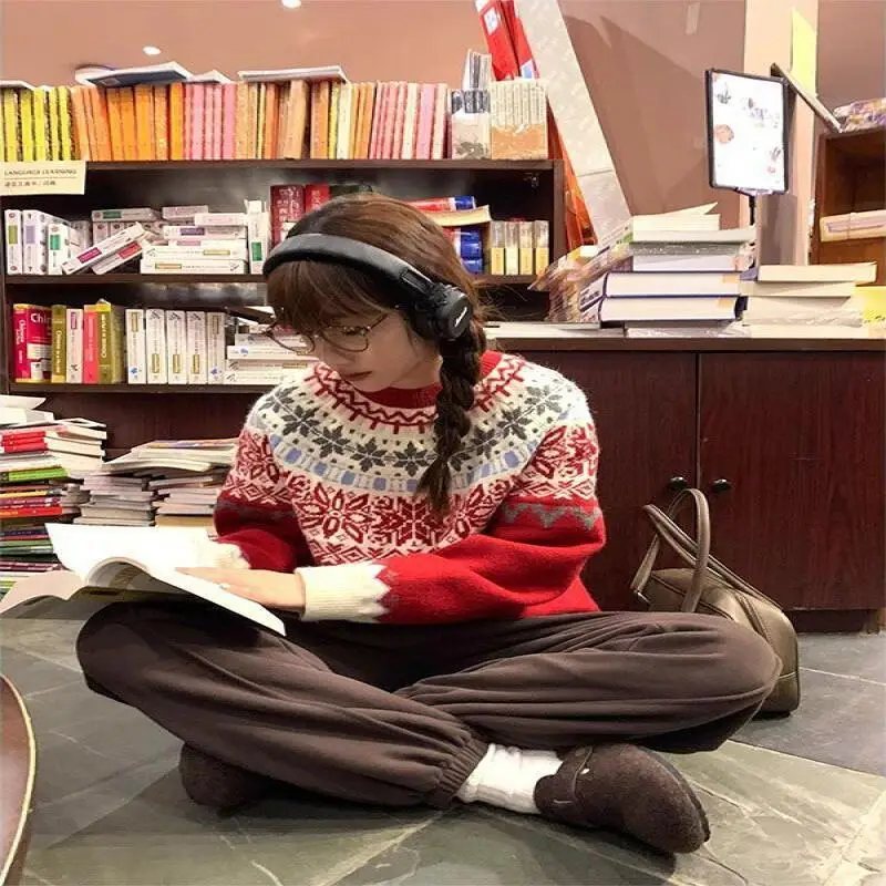 

Women's Sweater Autumn And Winter Fair Isle Vintage Round Neck Winter Christmas Loose Soft Knitted Tops knitwear Soft thick coat