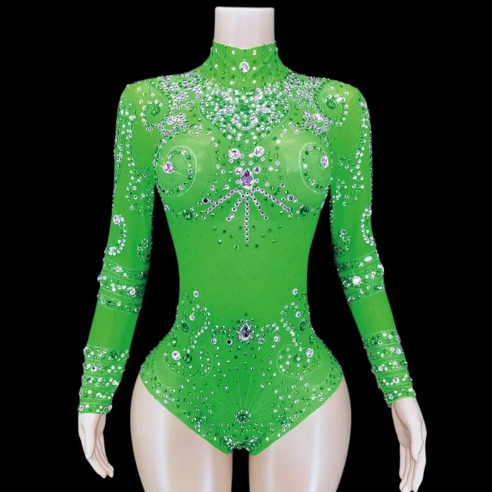 多色輝くラインストーンセクシーな女性ボディスーツレオタードナイトクラブバーパーティープロムポールダンス服ステージ衣装