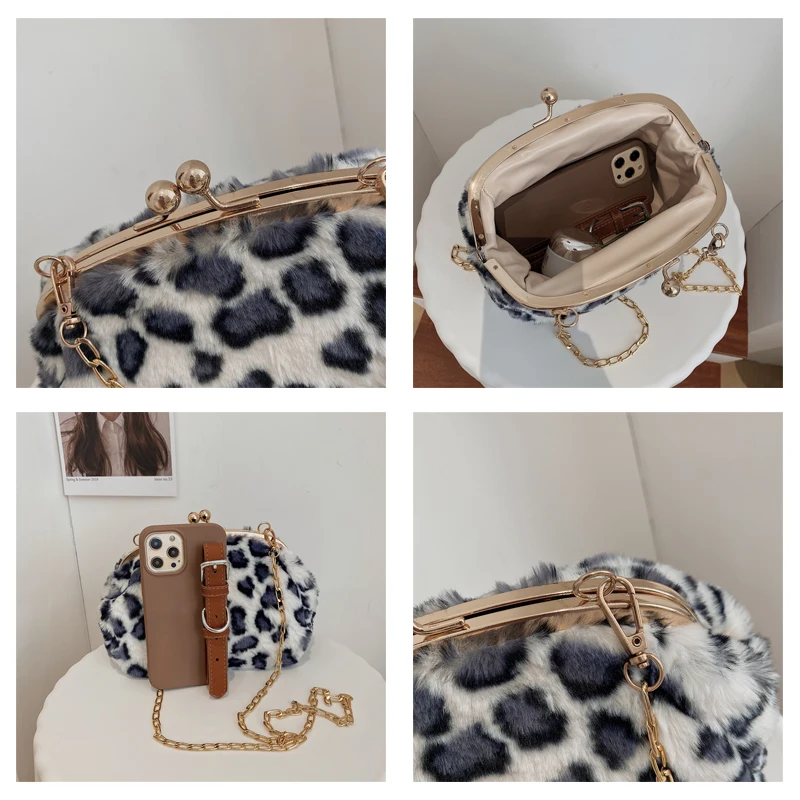 Leopard Plush Frame Bags For Women 2022 New Furry Crossbody Shoulder Bag Fur Handbag Soft Fluffy Messenger Bag Winter Shell Bags