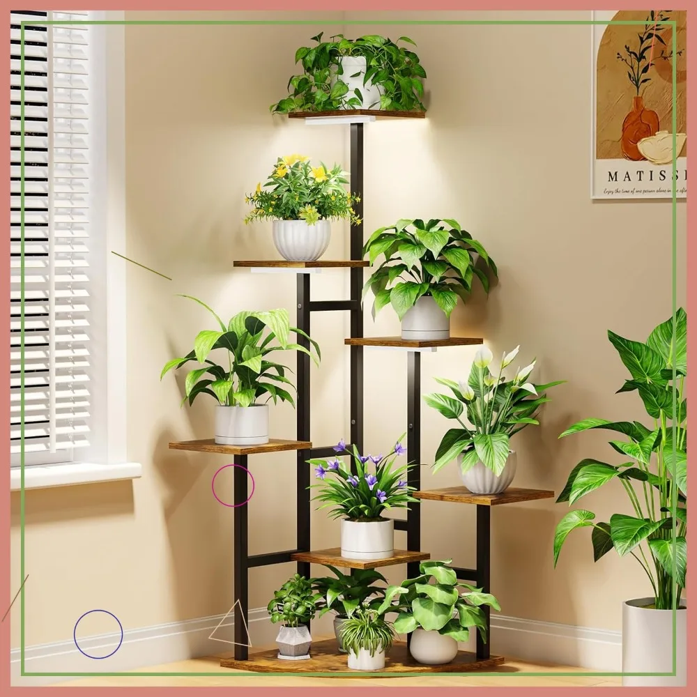 

7-Tier Corner Plant Stand with Grow Lights, 43" Metal Shelf for Indoor Plants, Living Room Balcony Decor