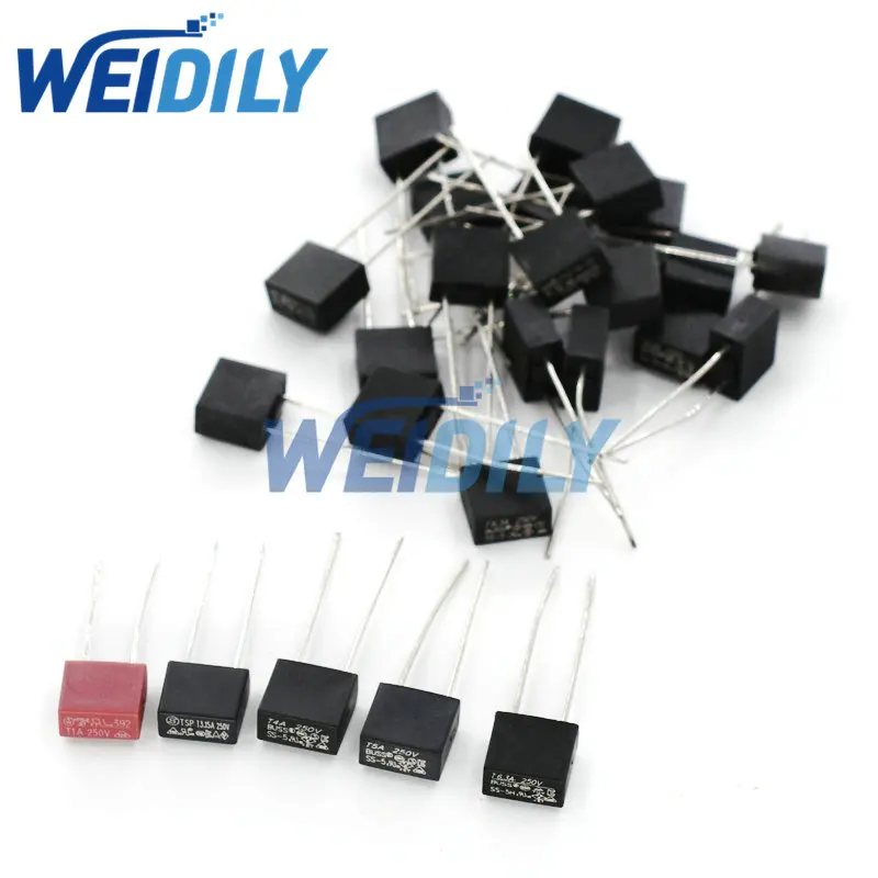 50PCS Square Rectangle Fuse Kit Slow Blow T1A T3.15A T4A T5A T6.3A 250V SS-5 2Pin Fuse Assortment Kit 5Kinds Each 10PCS