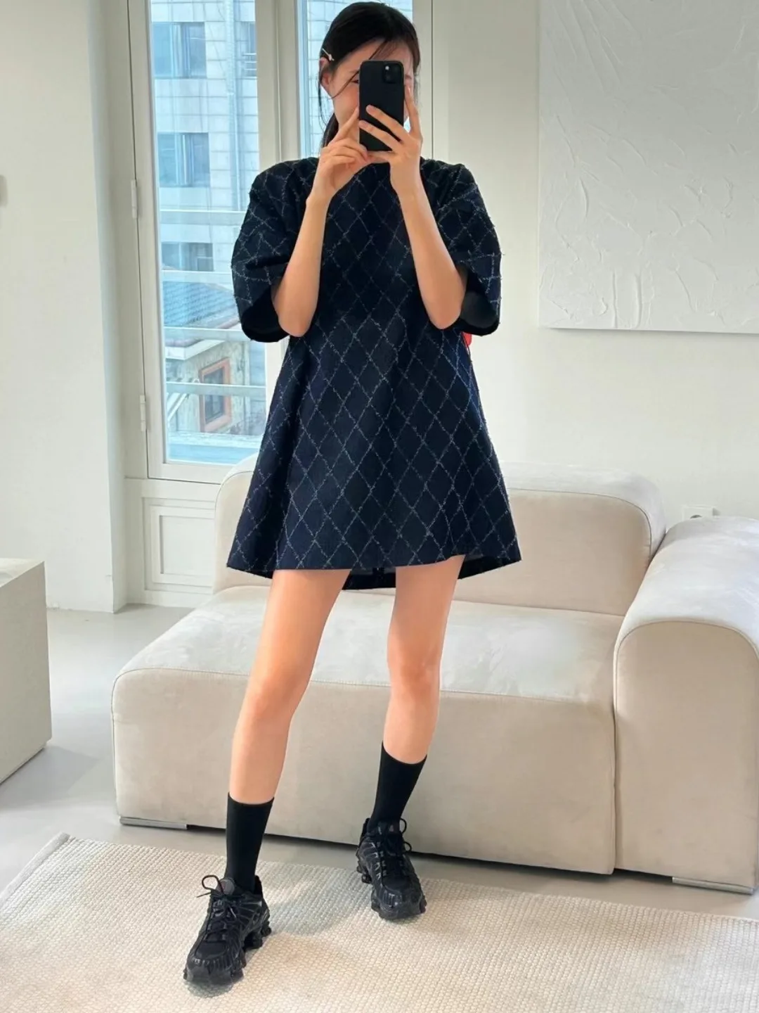 Vestido Jeans Curto Acintu com Design Acolchoado, Gola Redonda, Estilo Vintage Chique de Verão, Manga Curta,  Saia Fe...