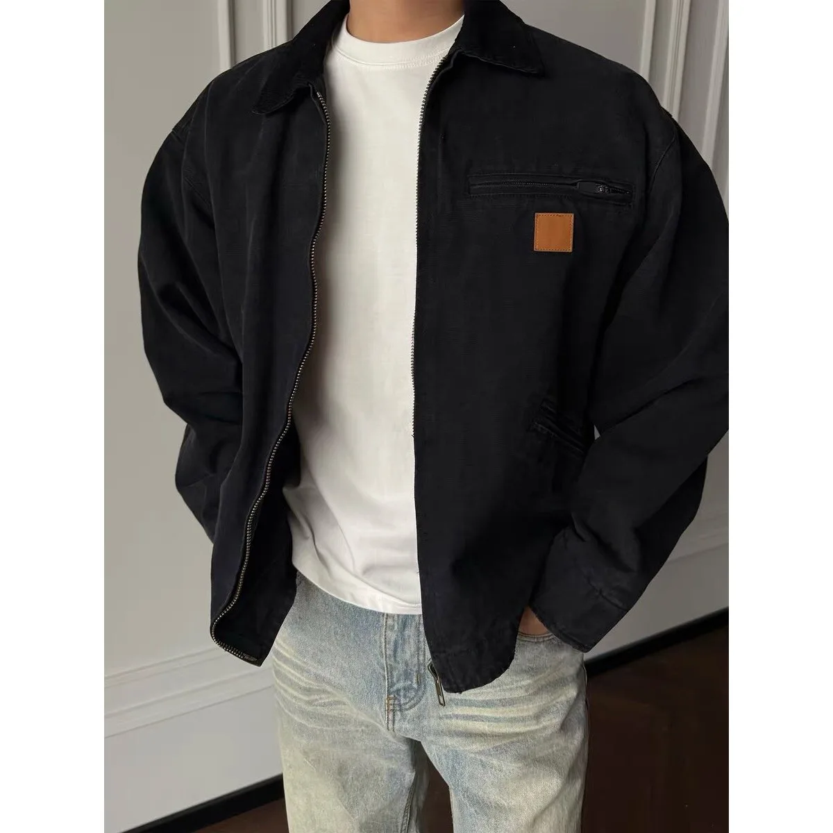 

Thiened American Sle Men's Denim Jaet for Autumn Winter Heavy Du Workwear Jaet Youth Faion Polyester Fiber