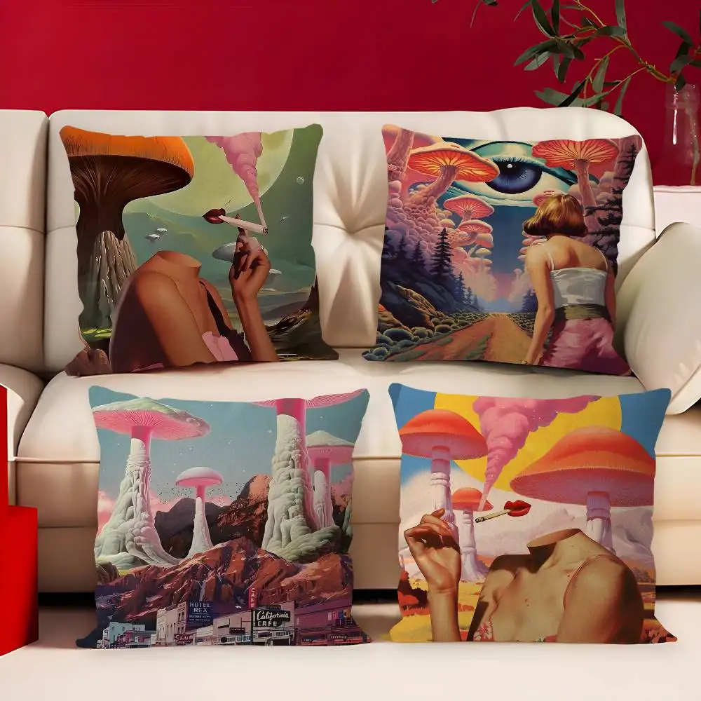 Retro Woman Smoke Surreal Mushroom Psychedelic Cushion Cover Polyester Sofa Cushions Decorative Throw Pillows Home Pillowcover