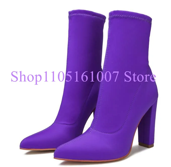 

Purple Color Chunky Heel Elastic Lady Ankle Boots Fashion Thin Legs Thick Heel Short Booties Woman Banquet Dress Party Shoes