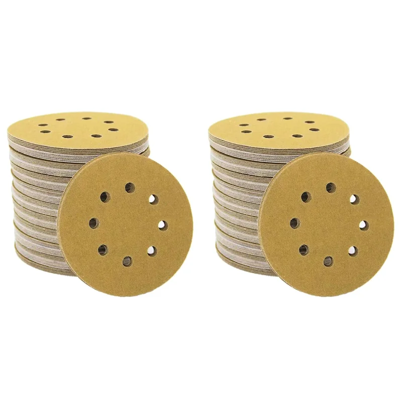 

GTBL 200Pcs 5Inch Yellow Sanding Discs 8Hole P120 Hook And Loop Aluminum Oxide Sandpapers For Polishing Random Orbital Sander