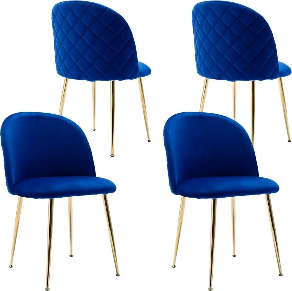 Set of 4 Dining Room Chairs, Blue Velvet Kitchen Chairs, Upholstered Chairs w/ Backrest, Armchair, Golden Legs