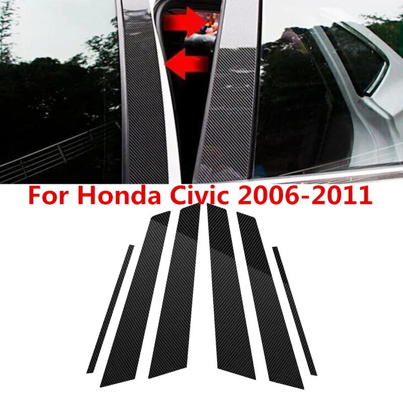 

6 шт., отделка для окон и столбов из углеродного волокна для Honda Civic 2006, 2007, 2008, 2009, 2010, 2011