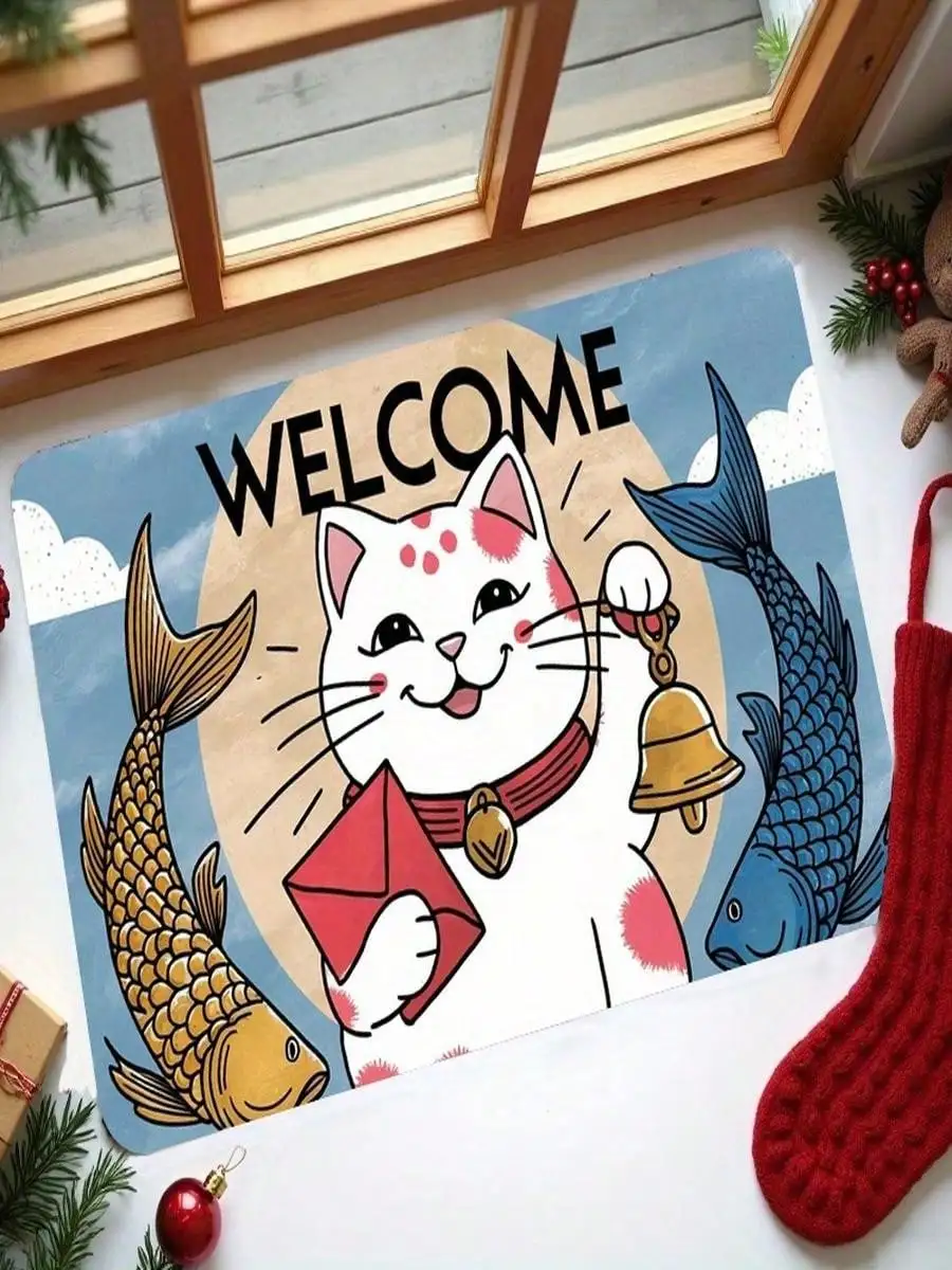 Lucky Cat Door Mat - Japanese Style Welcome Rug with Koi Fish & Bell, Non-Slip Entrance Mat , Feng Shui Decor, Multiple Sizes