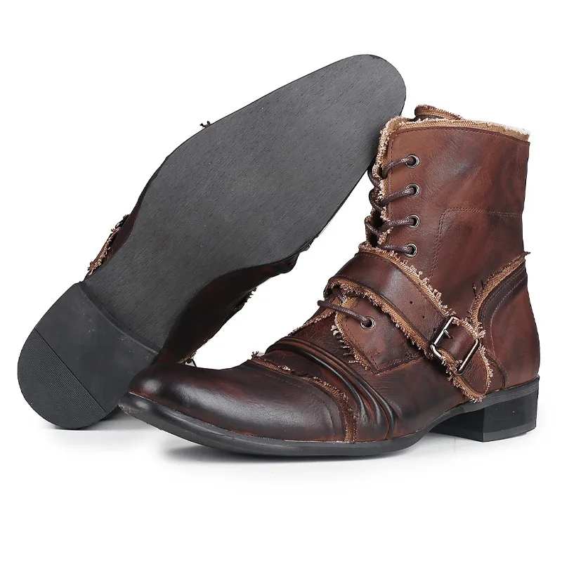 Full Grain Leather Retro Casual Ankle Boots Men's Motorcycle Wear-resistanGenuine Leather Work Chelsea Outdoor High Top Shoes