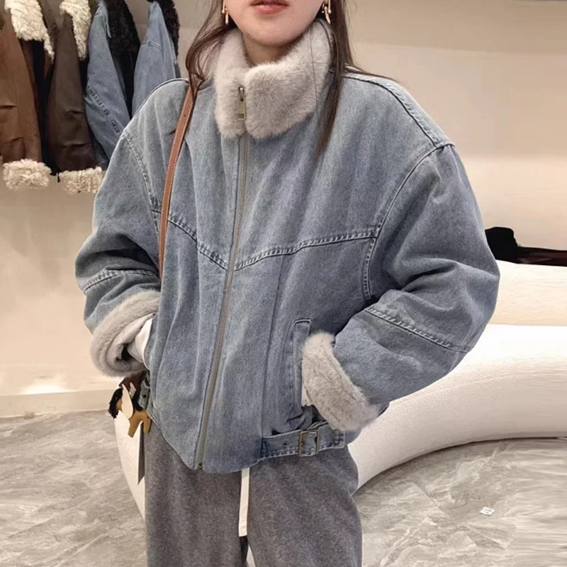 

Женский хлопковый топ Jaet 2025, новый зимний корейский повседневный джинсовый топ в стиле пэчворк с меховой подкладкой на подкладке