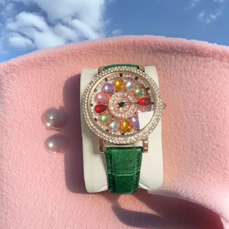 

1 шт. ослепительные и модные женские кварцевые часы с красочной инкрустацией стразами, с соблазнительным вращающимся циферблатом, прочный