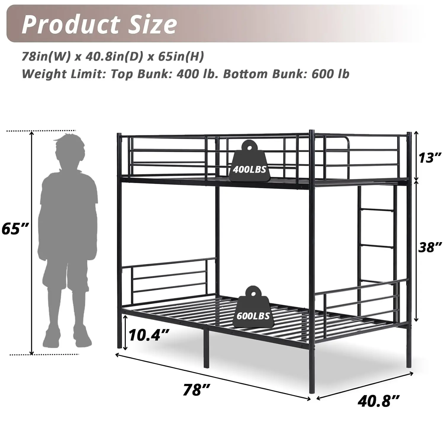 Metal Twin Bunk Bed with Ladder & Guardrail, Heavy Duty Space-Saving for Kids Teens Adults, No Box Spring, Customized