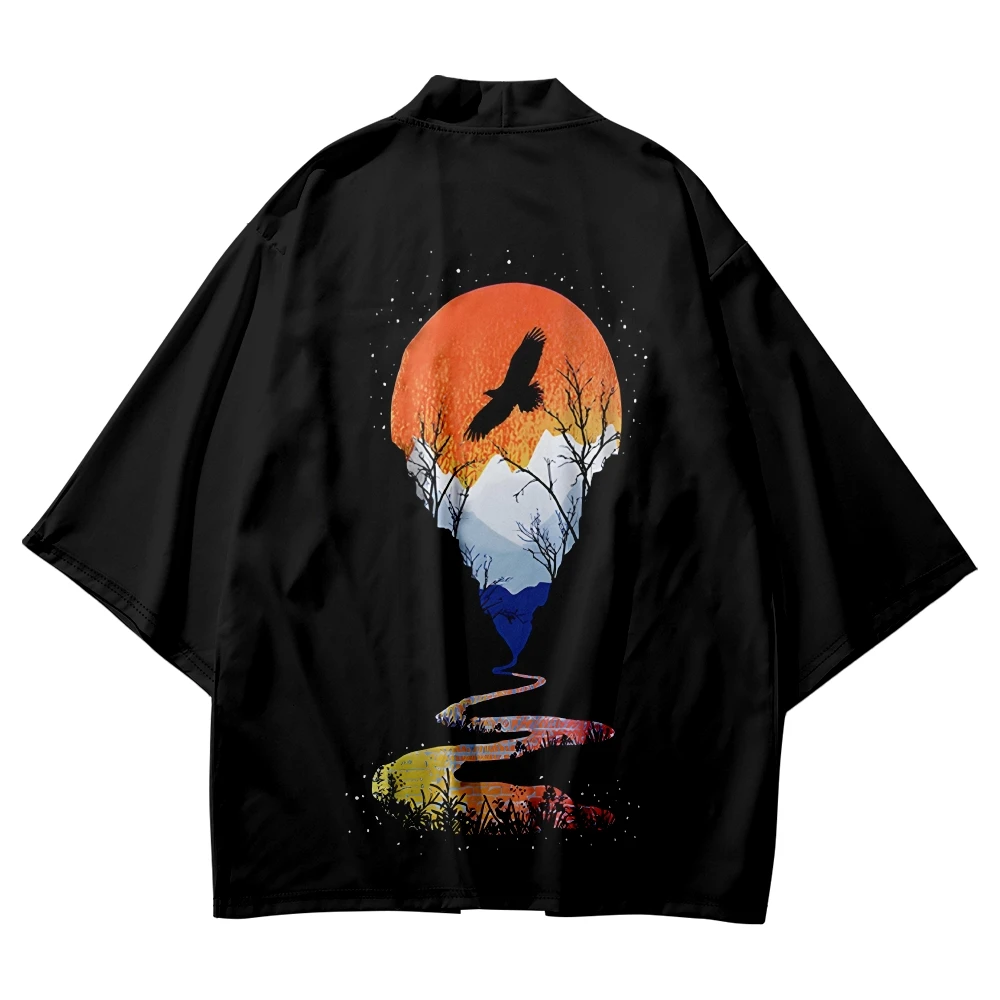 

Japanese Traditional Black Kimono Men Print Cosplay Haori Female Women Cardigan Yukata Shirt Oversized Halloween Robe