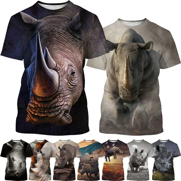 Men\'s Large Animal Print T-shirt New African Rhino Short-sleeved T Shirt Harajuku Hip-hop Casual Fashion Streetwear Top