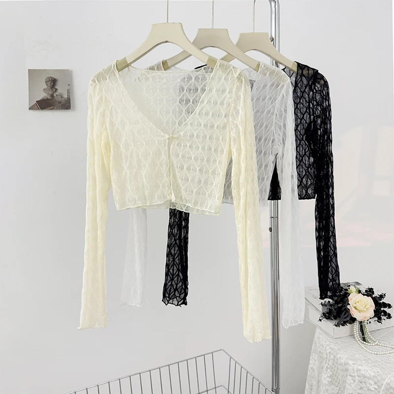 

Gagarich Hollow Hook Flower Long Sleeve Lace Sunscreen Cardigan Women Summer 2025 Stacked Short Air Conditioning Hoodie Shawl