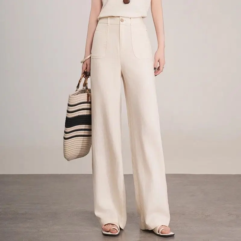 Lniane spodnie damskie z wąskimi prostymi nogawkami, luźne, z wysokim stanem, na lato, codzienne, szerokie, krótkie spodnie.