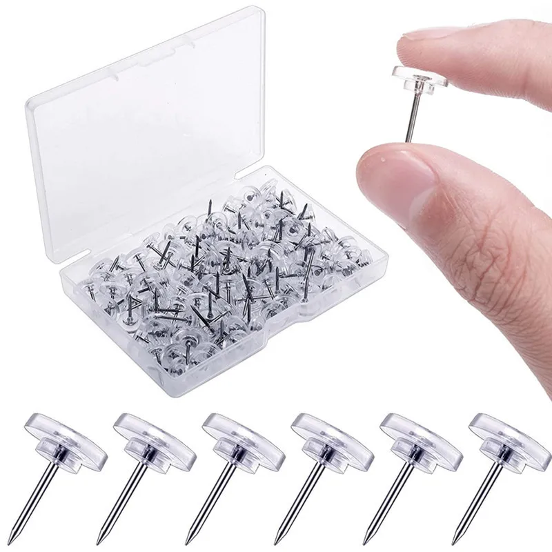 100/120/150PCS Clear Push Pins Drawing Pins Lucency Thumbtacks with Storage Box Steel Point Cork Board Tacks Drawing Poster Pins